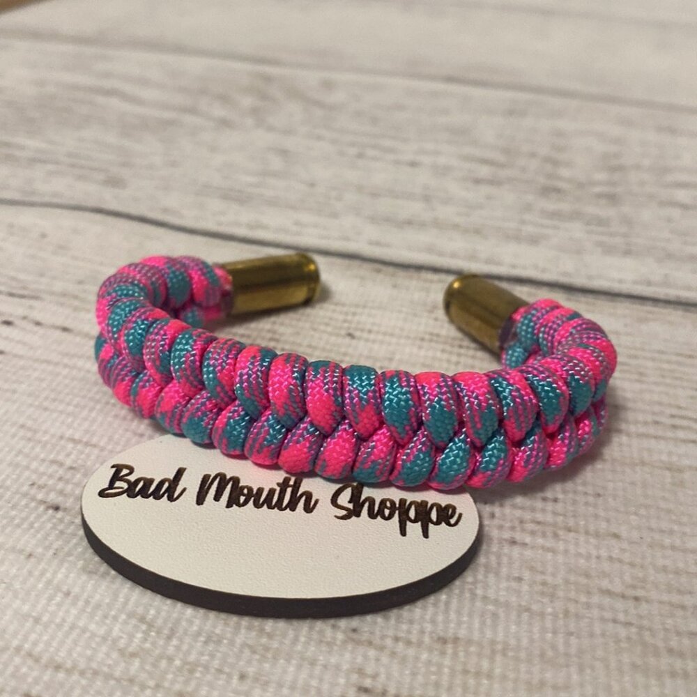 Handmade Paracord Cuff Bracelet - Hot Pink Neon Blue Aqua Brass